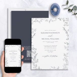 QR Code Elegant Minimal Leaf Navy Blue Wedding Invitation