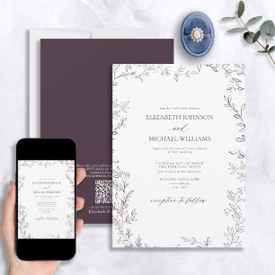 QR Code Elegant Minimal Leaf Plum Purple Wedding Invitation