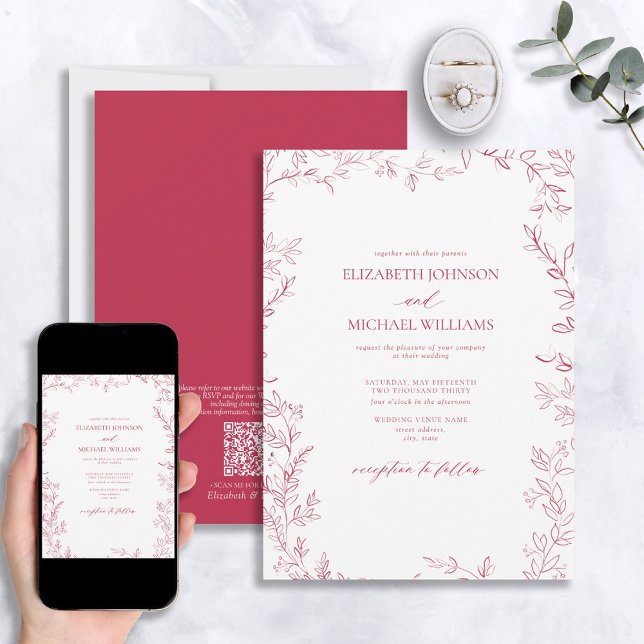QR Code Elegant Minimal Leaf Vivid Magenta Wedding Invitation (Creator Uploaded)
