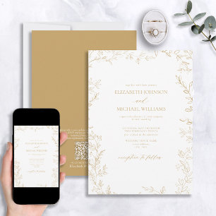 QR Code Elegant Modern Minimal Leaf Gold Wedding Invitation