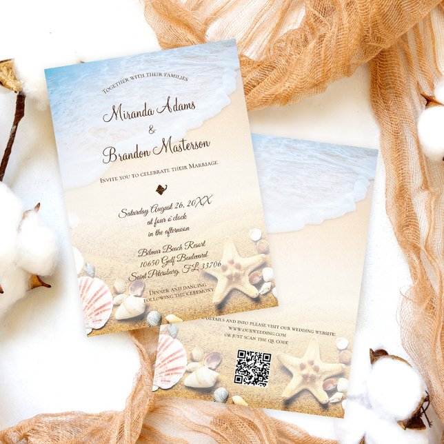QR Code Elegant Modern Starfish Beach Wedding Invitation (Creator Uploaded)