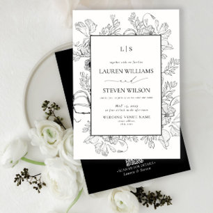 QR Code Elegant Monogram Black Floral Wedding Invitation