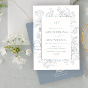QR Code Elegant Monogram Dusty Blue Floral Line Invitation