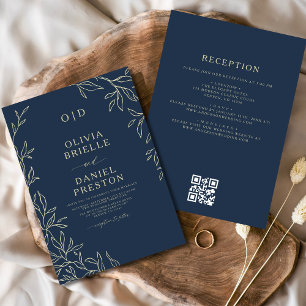 QR Code Elegant Navy Blue Gold Monogram Wedding Invitation