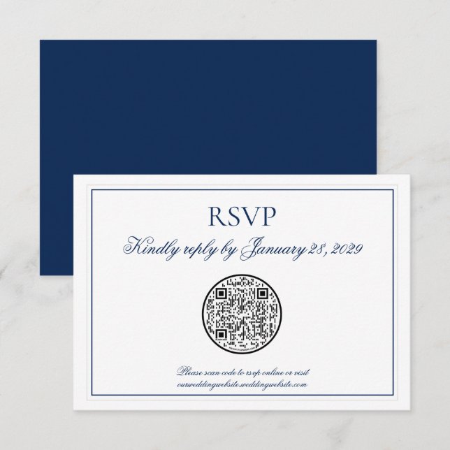 QR Code Elegant Navy Blue White Wedding RSVP Card (Front/Back)