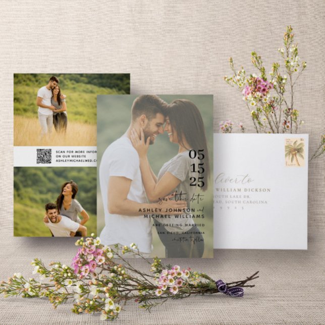 QR Code Elegant Overlay 3 Photo Modern Typography Save The Date (QR Code Save the Date!)