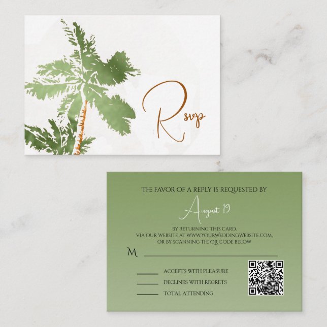 QR Code Elegant Palm Trees Copper Beach Wedding Enclosure Card (Front/Back)