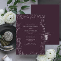 QR Code Elegant Plum Purple Minimal Leaf Wedding
