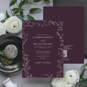 QR Code Elegant Plum Purple Minimal Leaf Wedding Invitation