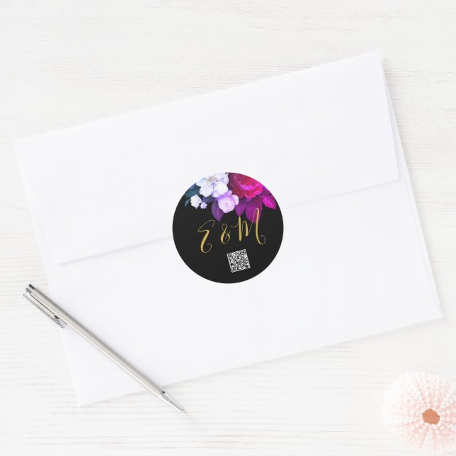QR Code Elegant Purple Rose Monogram Wedding    Cl Classic Round Sticker (Envelope)