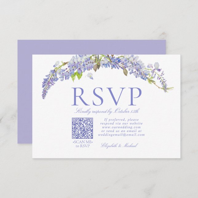 QR Code Elegant Purple Wisteria Script Formal RSVP (Front/Back)