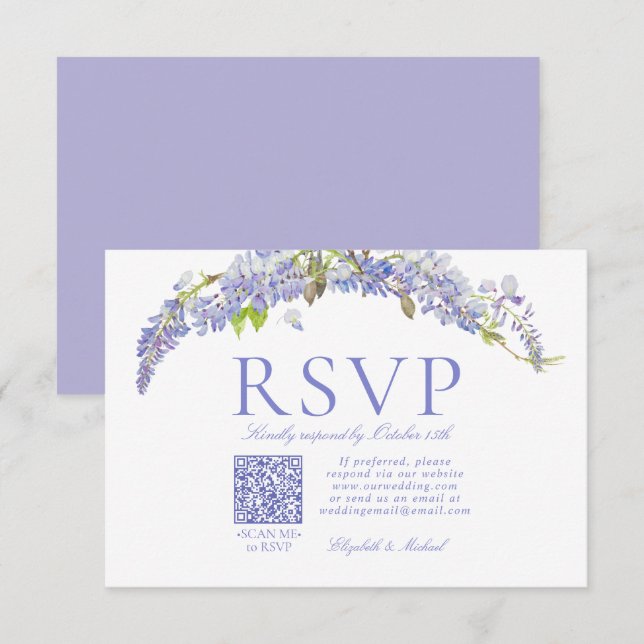 QR Code Elegant Purple Wisteria Script Formal RSVP Card (Front/Back)
