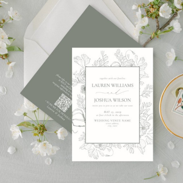 QR Code Elegant Sage Green Floral Line Art Wedding Invitation (Creator Uploaded)