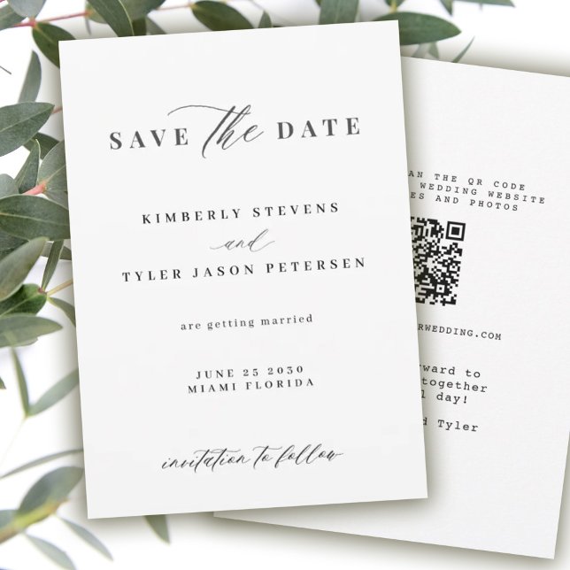 QR CODE elegant script black and white wedding Save The Date (Creator Uploaded)