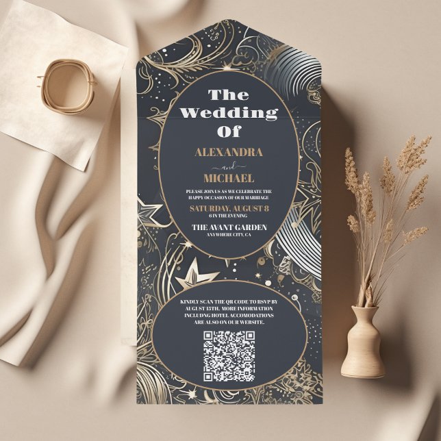 QR Code Elegant Silver Gold Celestial Wedding All In One Invitation (Creator Uploaded)