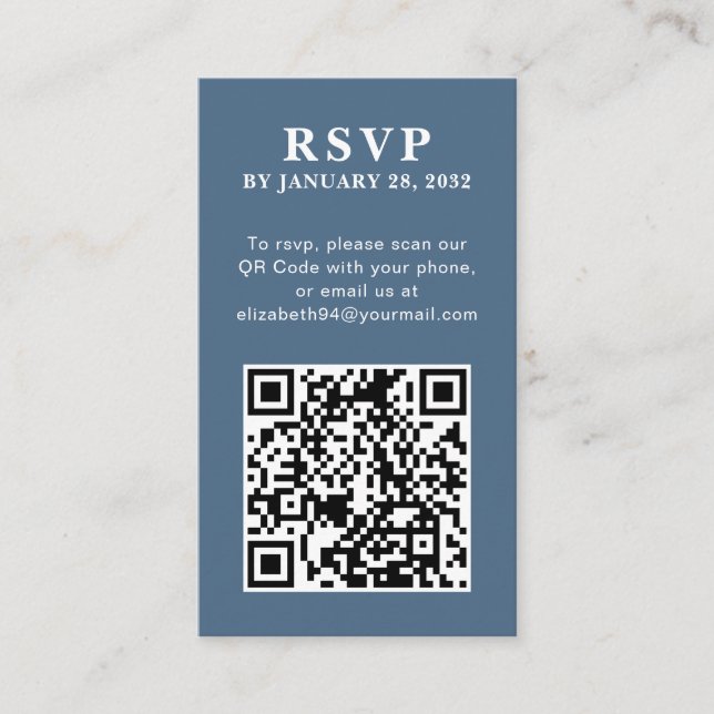 QR Code elegant simple photo online blue RSVP  Enclosure Card (Front)