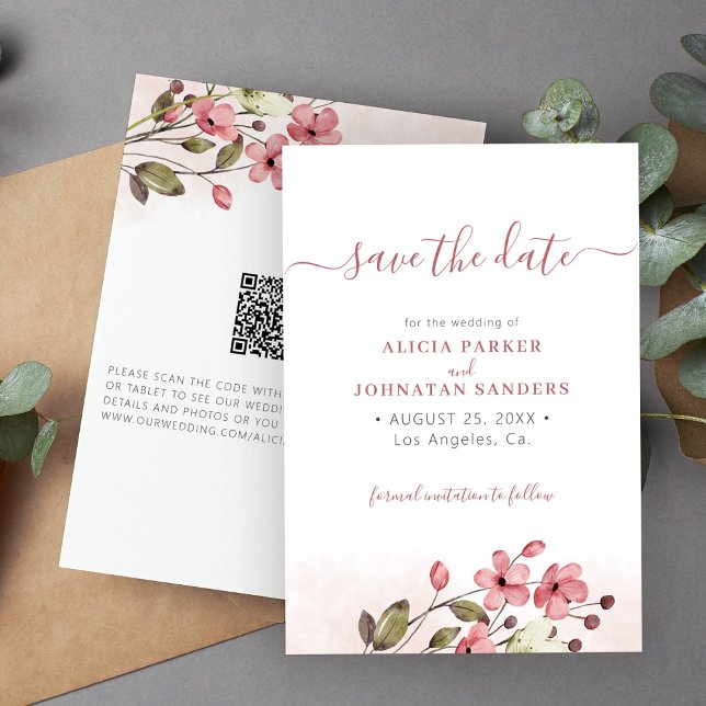 QR code elegant spring wildflowers pink wedding Save The Date (Creator Uploaded)