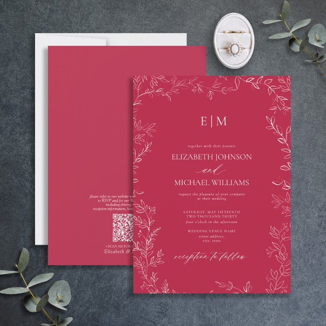 QR Code Elegant Vivid Magenta Monogram Wedding Invitation (Creator Uploaded)