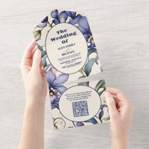QR Code Elegant Watercolor Blue Floral Wedding All In One Invitation