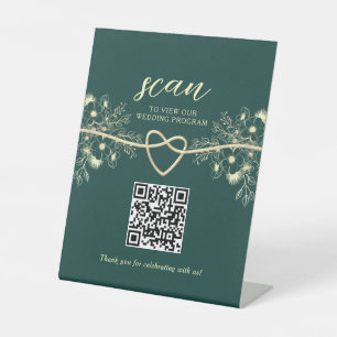 QR Code Emerald Gold Wedding Program Pedestal Sign