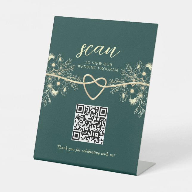QR Code Emerald Gold Wedding Program Pedestal Sign (Front)