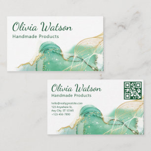 Qr-code Emerald Green and Gold Modern Watercolor Business Card