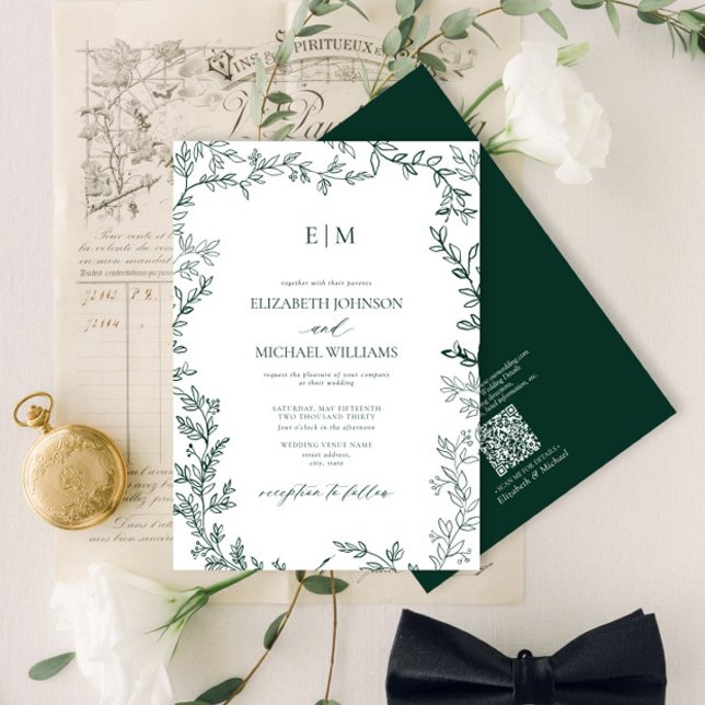 QR Code Emerald Green Elegant Monogram Wedding Invitation (Creator Uploaded)