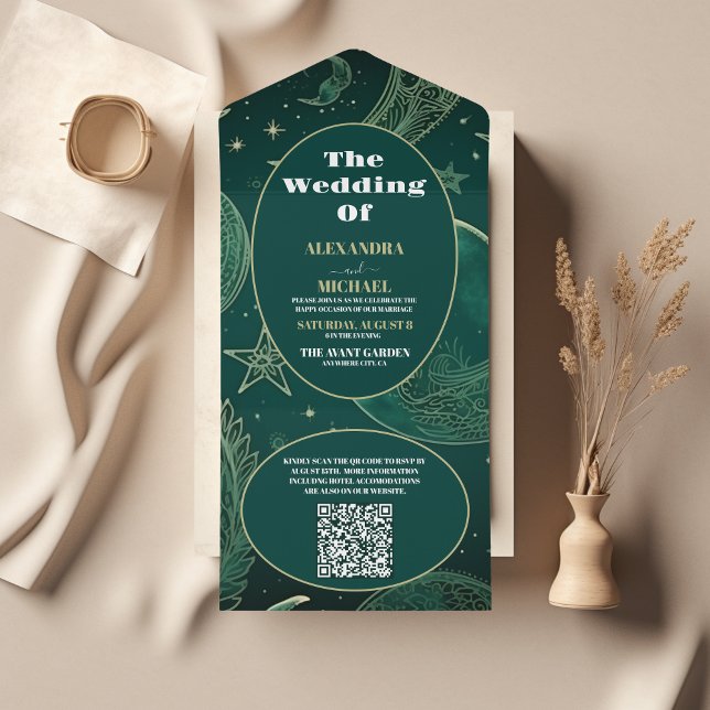 QR Code Emerald Green Gold Celestial  Wedding All In One Invitation (Creator Uploaded)
