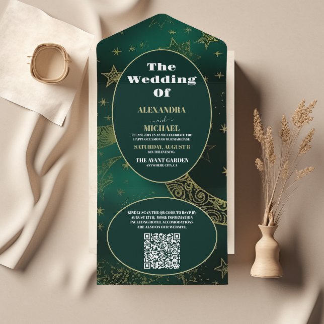QR Code Emerald Green Gold Celestial  Wedding All In One Invitation (Creator Uploaded)