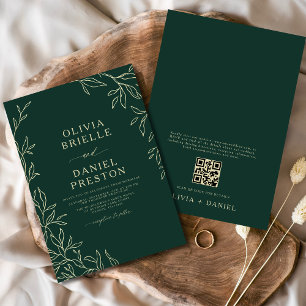 QR Code Emerald Green & Gold Minimal Leaf Wedding Invitation