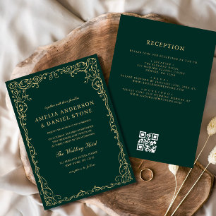 QR Code Emerald Green Gold Minimal Wedding Invitation