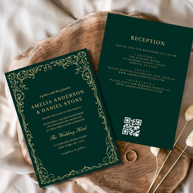 QR Code Emerald Green Gold Minimal Wedding Invitation (Creator Uploaded)
