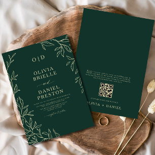 QR Code Emerald Green Gold Monogram Leaf Wedding Invitation