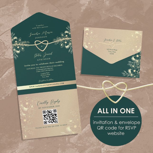 QR Code Emerald Green Gold Wedding All In One Invitation (Creator Uploaded)