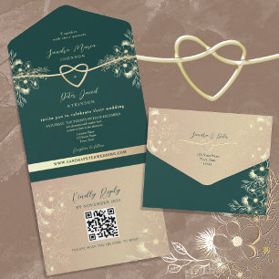 QR Code Emerald Green Gold Wedding All In One Invitation