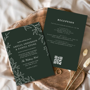 QR Code Emerald Green Minimal Leaf Wedding Invitation