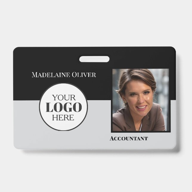 QR Code Employee ID Black Grey Logo Photo Badge (Front)