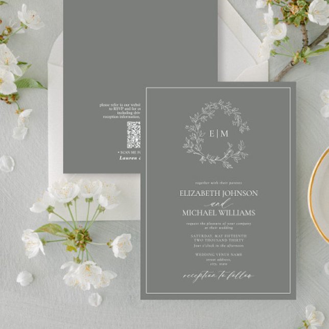 QR Code Eucalyptus Leafy Crest Monogram Wedding Invitation (Creator Uploaded)