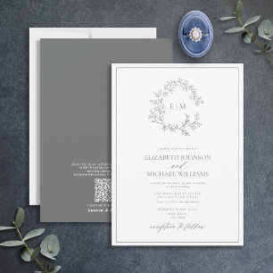 QR Code Eucalyptus Leafy Crest Monogram Wedding Invitation