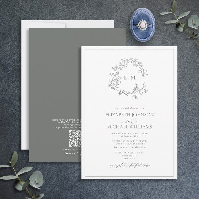 QR Code Eucalyptus Leafy Crest Monogram Wedding Invitation (Creator Uploaded)