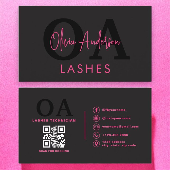 QR Code Eye Lashes Technician Hot Pink Black Business Card (Creator Uploaded)