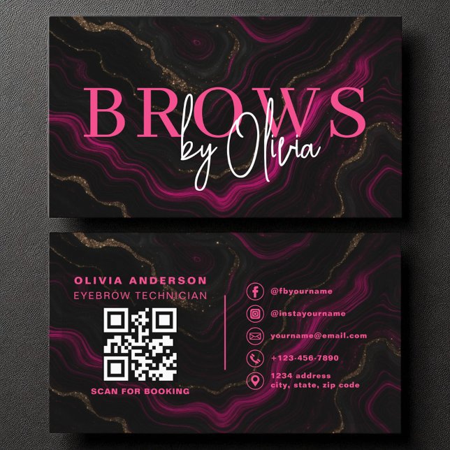 QR Code Eyebrows Brows Artist Pink Black Marble Business Card (Creator Uploaded)