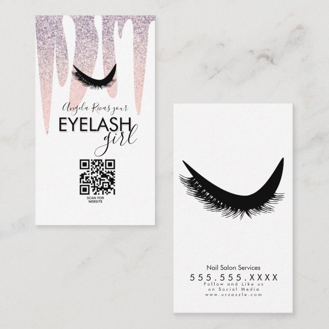 QR CODE Eyelash Girly Pink Glitter Dripping  Business Card (Front/Back)