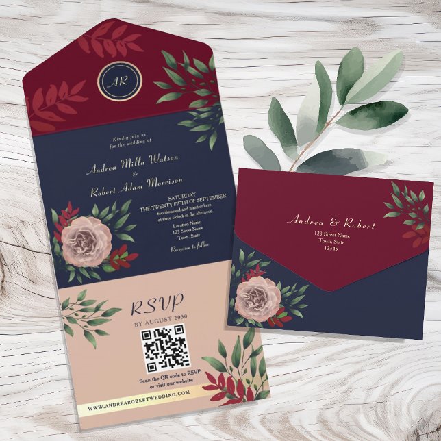 QR Code Fall Burgundy Navy Wedding All In One Invitation (Creator Uploaded)