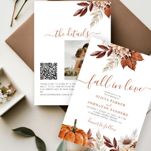 QR code Fall in Love botanical pumpkin wedding Invitation