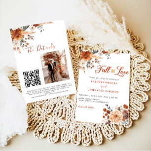 QR code Fall in Love Floral wedding  Invitation