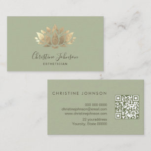 Qr code faux gold foil lotus logo on sage green business card
