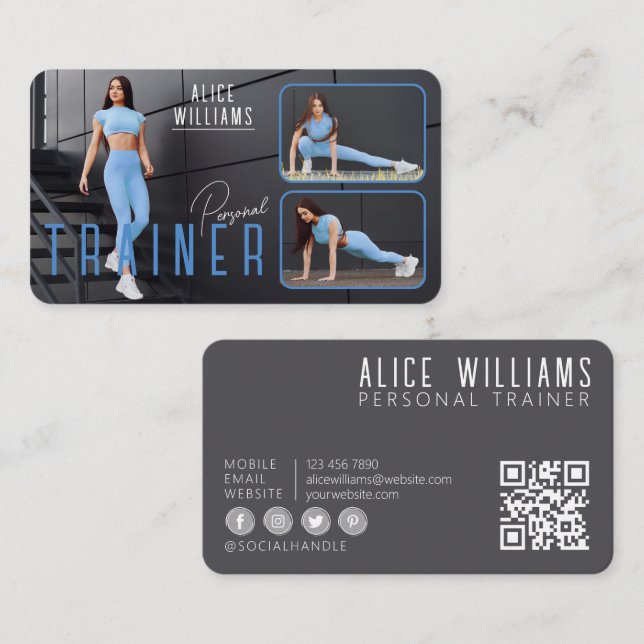 QR Code Fitness Blue & Grey Personal Trainer Photo Business Card (Front/Back)