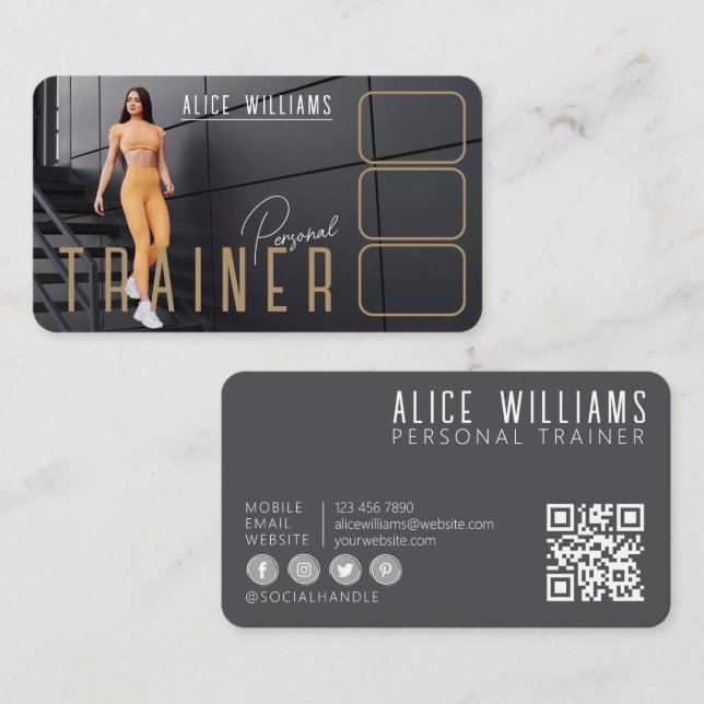 QR Code Fitness Gold & Grey Personal Trainer Photo Business Card (Front/Back)