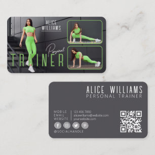 QR Code Fitness Green Grey Personal Trainer Photo Business Card